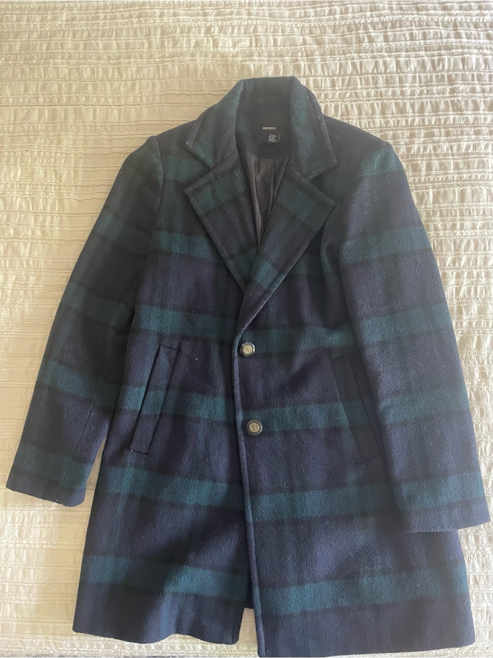 Wool Blend Plaid Overcoat - Navy/Green